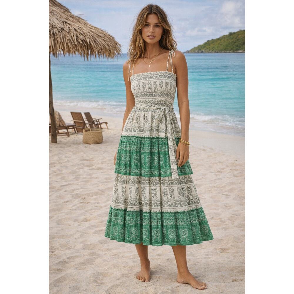 Tory Burch Bandana Tiered Dress Small Boho Beach Cotton Green White Paisley EUC